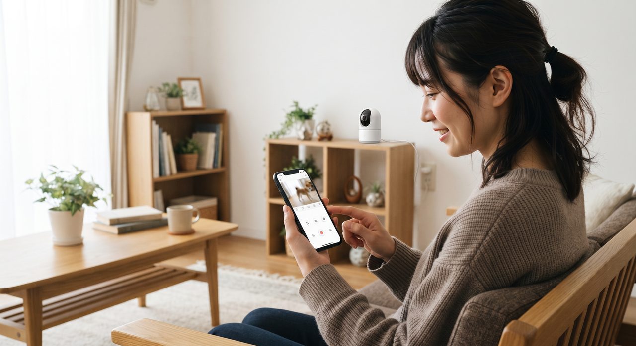 スマートフォンでペット見守りカメラのアプリを開き、パスワード設定画面を確認している様子