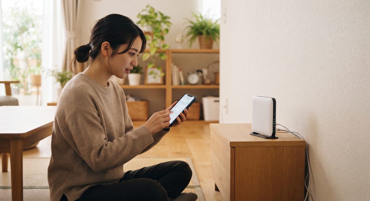 家庭のルーターの前で、スマートフォンを操作しゲスト用Wi-Fiネットワークの設定を確認している様子