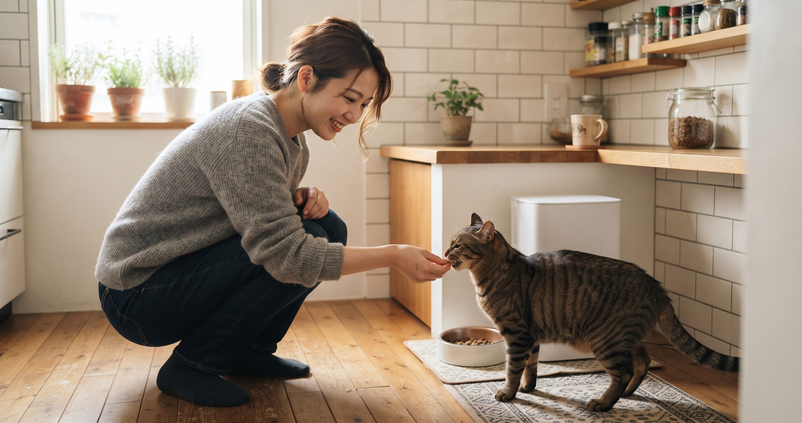 家電と一緒にペットの世話をする飼い主のイメージ