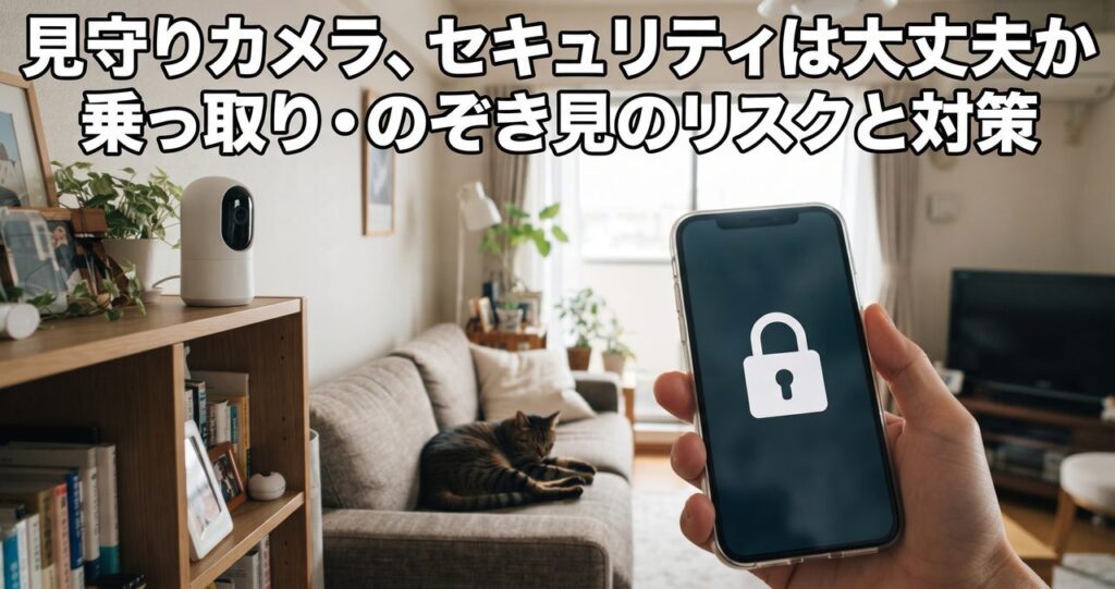 リビングの棚に設置された見守りカメラと、手前でロックアイコンを表示したスマートフォンを持つ手、奥のソファで猫がくつろいでいる様子