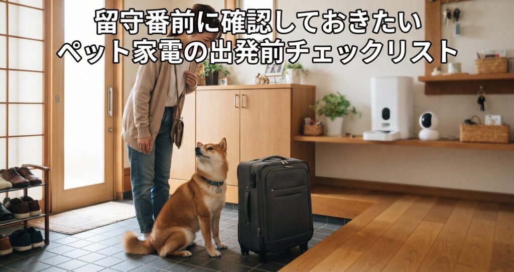 日本の家庭の玄関で、飼い主が旅行用スーツケースの傍らで犬を見下ろし、奥の棚に自動給餌器と見守りカメラが置かれている出発前の様子