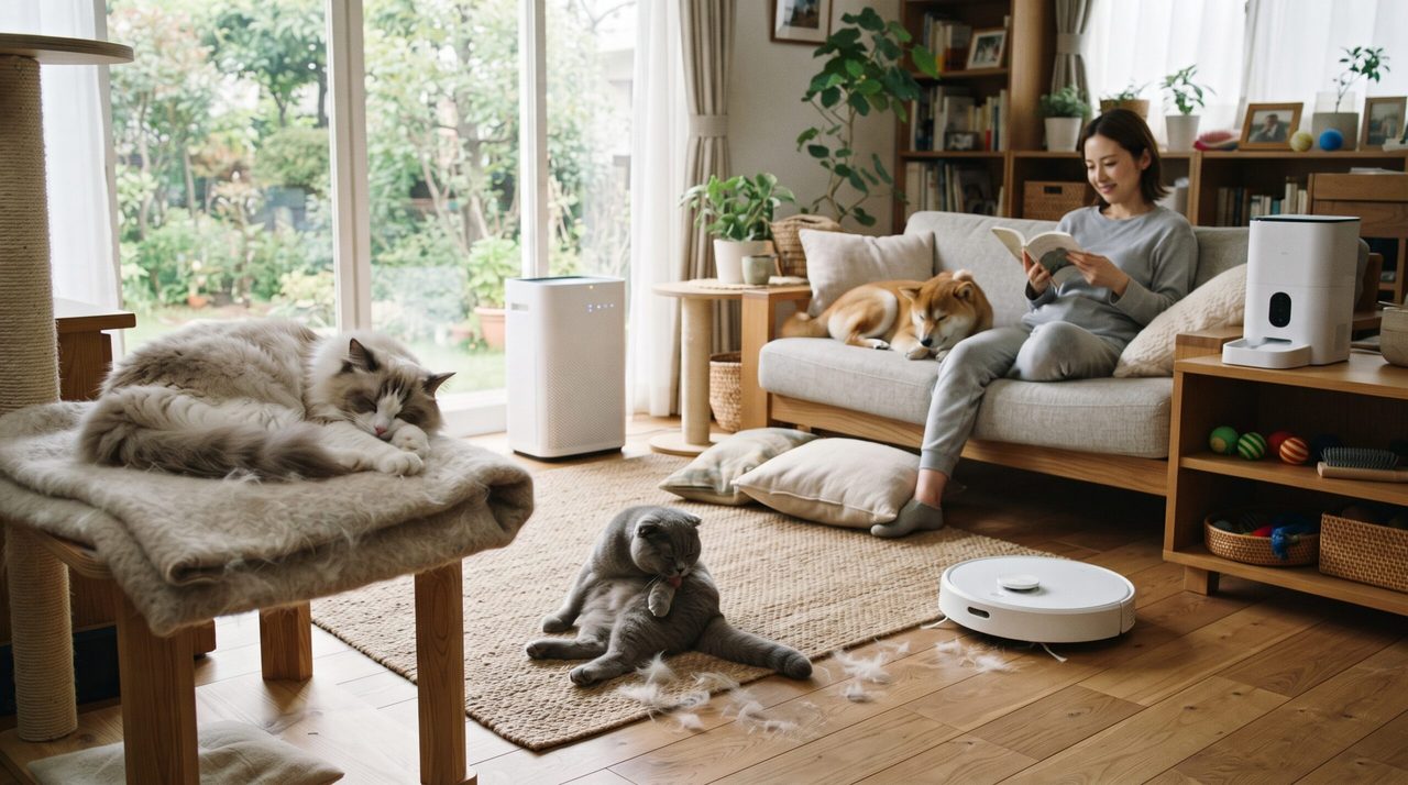 長毛種の猫のブラッシングと、床の抜け毛を掃除するロボット掃除機が並ぶ様子