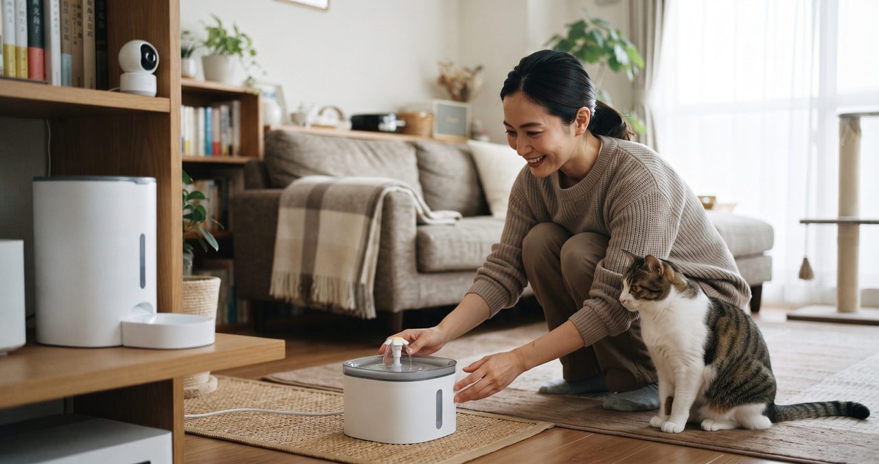 ペットと暮らすリビングで、次に検討する家電について考えている様子