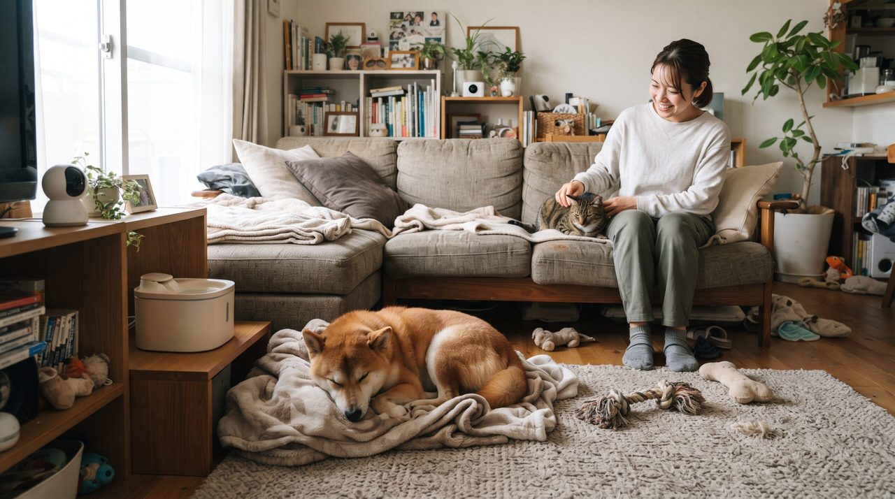 療法食用のウェットフードと、ドライフード用の自動給餌器を並べて対応可否を確認している様子