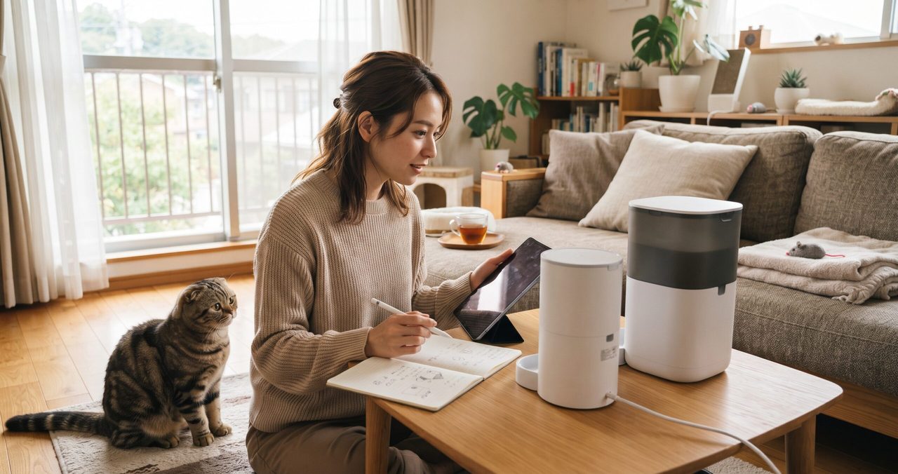 複数の自動給餌器のカタログやレビューページをじっくり見比べている様子