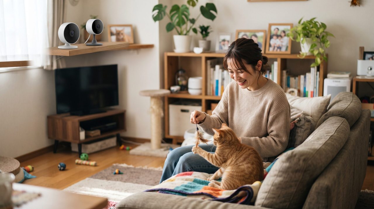 スマートフォンのアプリで過去の給餌映像を見返している様子