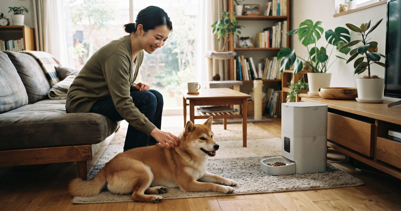 複数の自動給餌器を並べてスペックを比較検討している様子