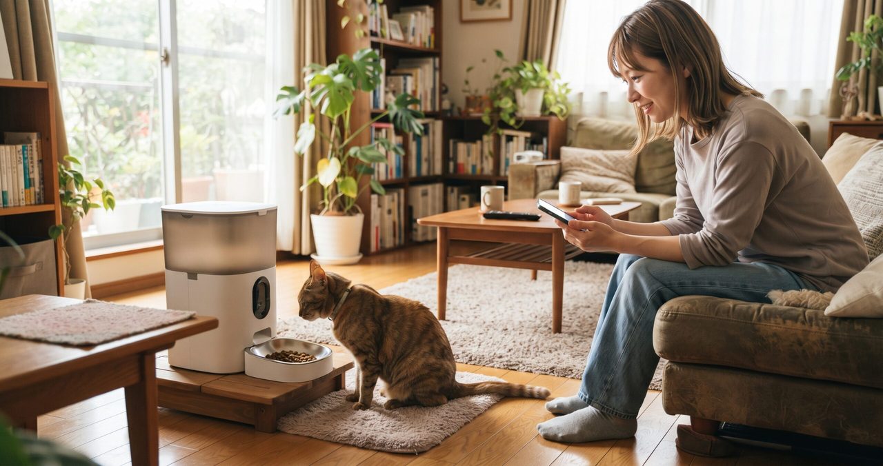 小型犬が自動給餌器の前でタイマー給餌を待っている様子