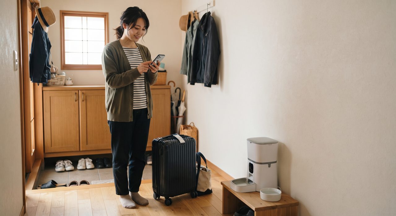 玄関で人物が旅行バッグを手に持ちながら、スマートフォンでペット家電のアプリを確認している様子