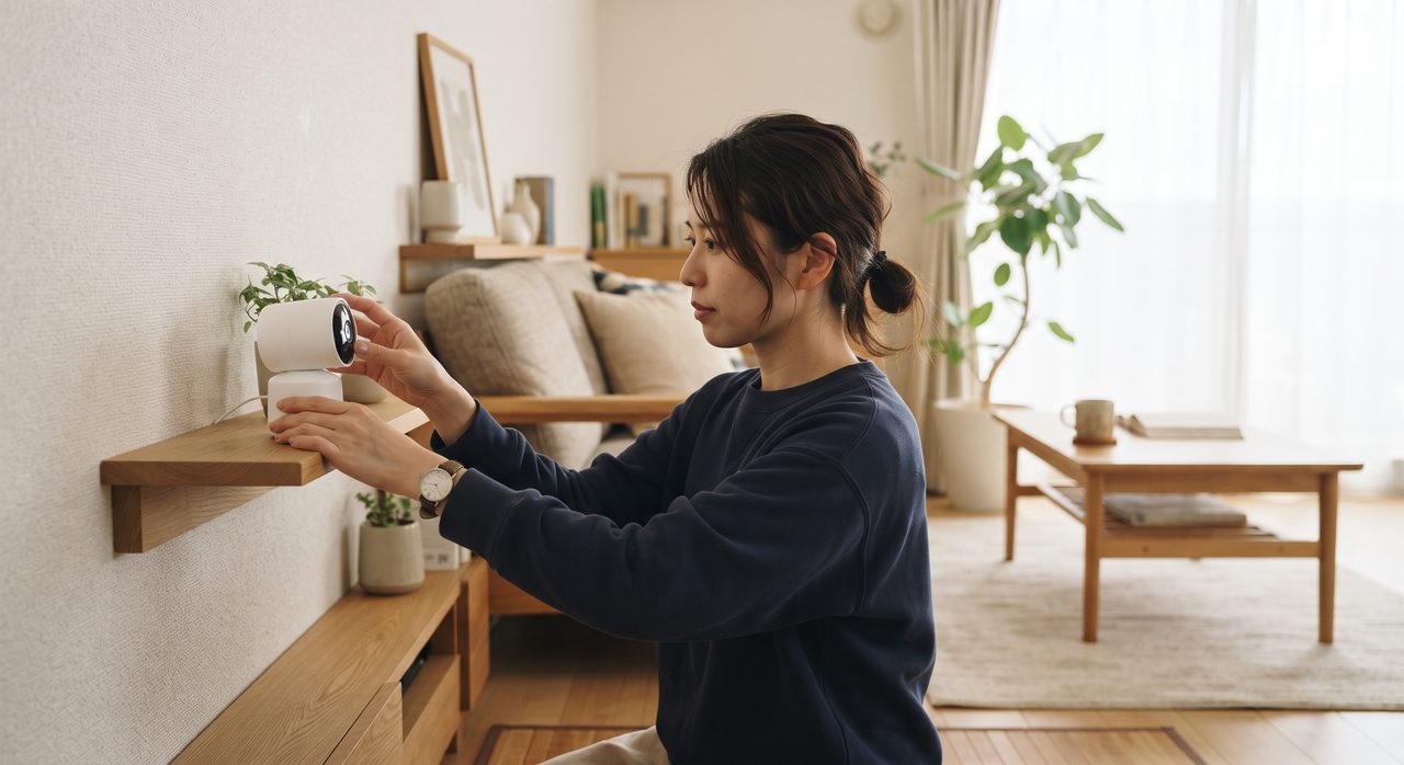ソファの前で見守りカメラの角度を調整し、ペットがよく過ごすエリアが映るか確認している様子