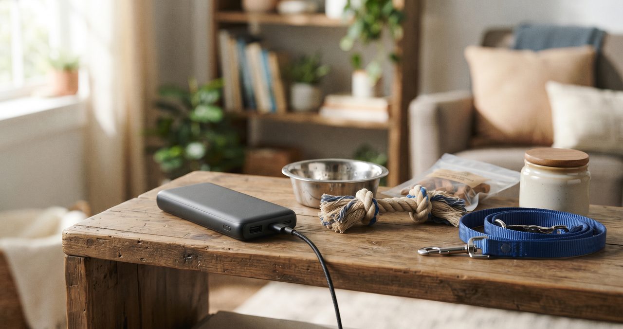 モバイルバッテリーとペット用品が並ぶ写真