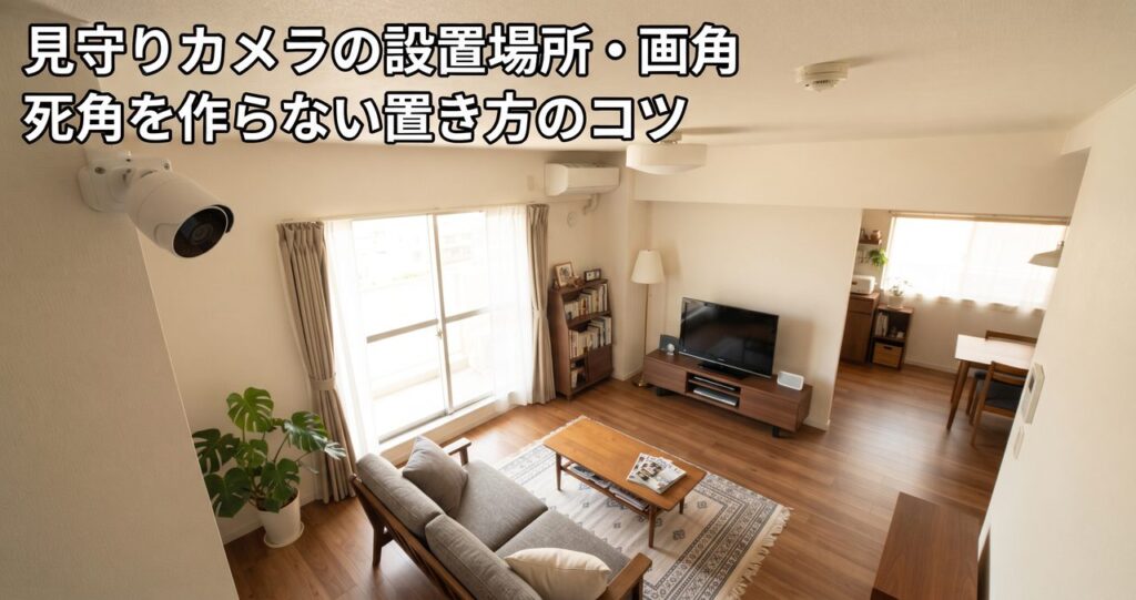 リビングの天井近くのコーナーに設置された無地の白い見守りカメラが部屋全体を見下ろしているアイキャッチ画像