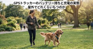 屋外の公園で首輪に無地のGPSトラッカーを付けた犬が飼い主と散歩しているアイキャッチ画像