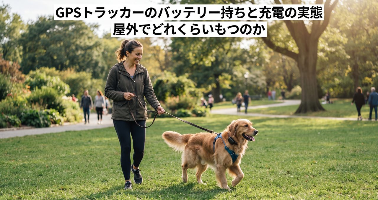 屋外の公園で首輪に無地のGPSトラッカーを付けた犬が飼い主と散歩しているアイキャッチ画像