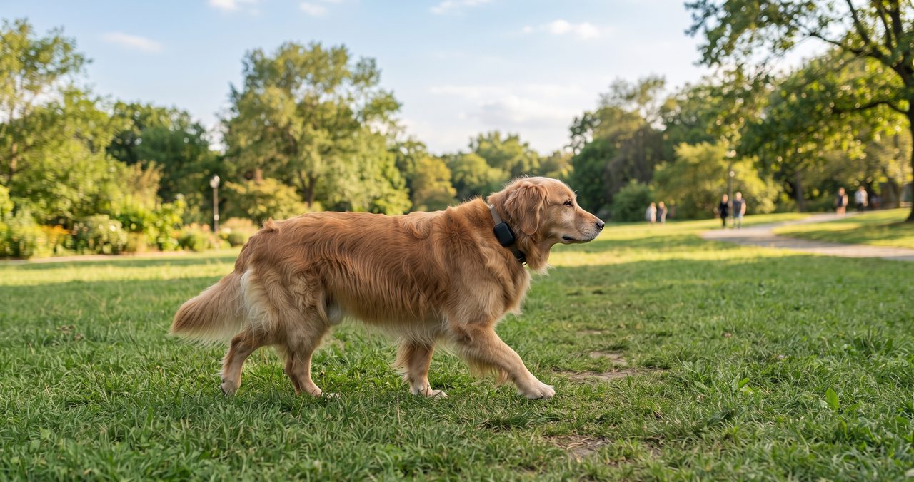 屋外の公園の芝生の上で、首輪に無地のGPSトラッカーを装着した犬が歩いている様子の写真
