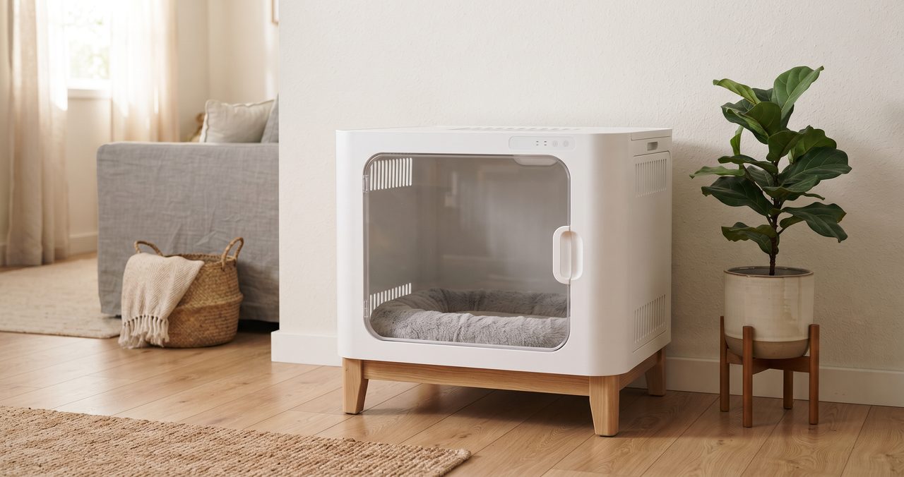 透明な扉とペット用ベッドを備えた無地の白いハンズフリー型(ボックス型)の乾燥機がリビングの一角に置かれている物撮り写真
