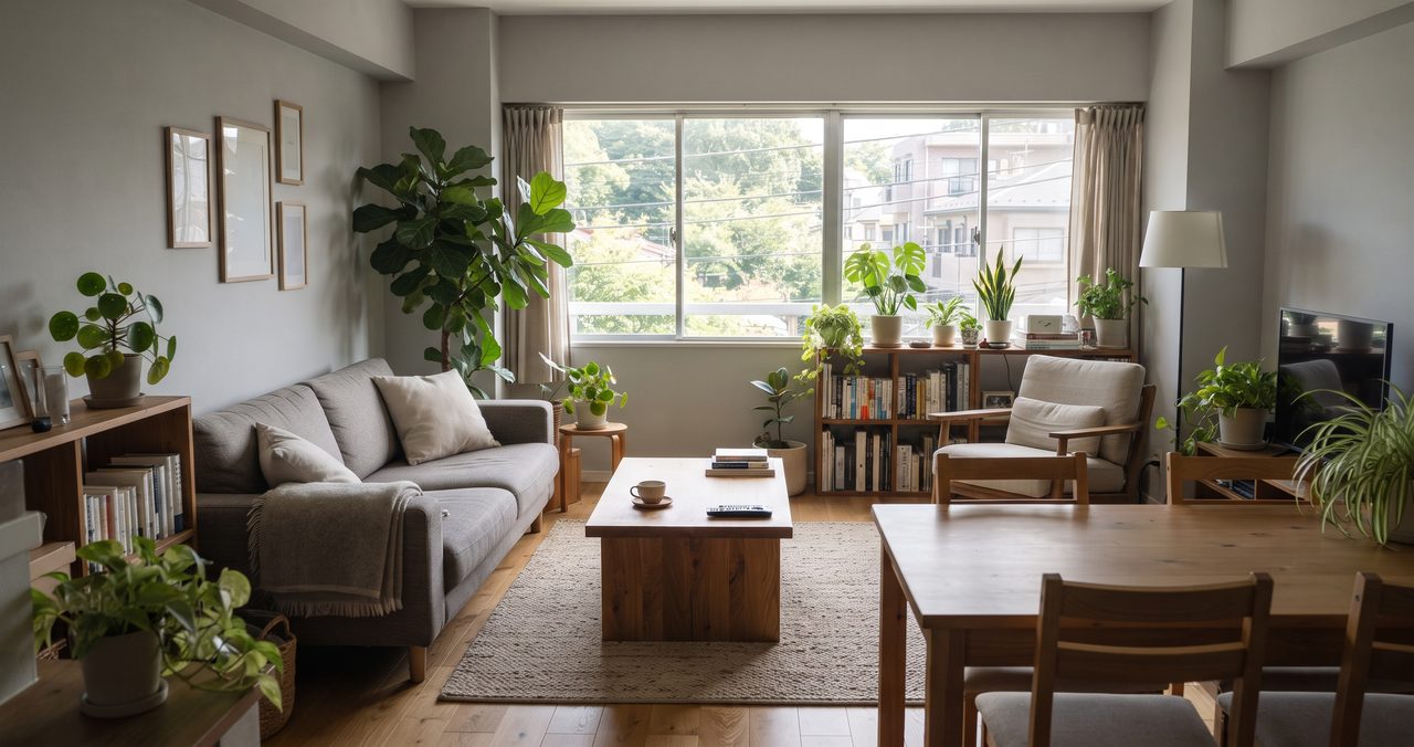 生活感のある集合住宅のリビングルームを引きで写した室内の様子