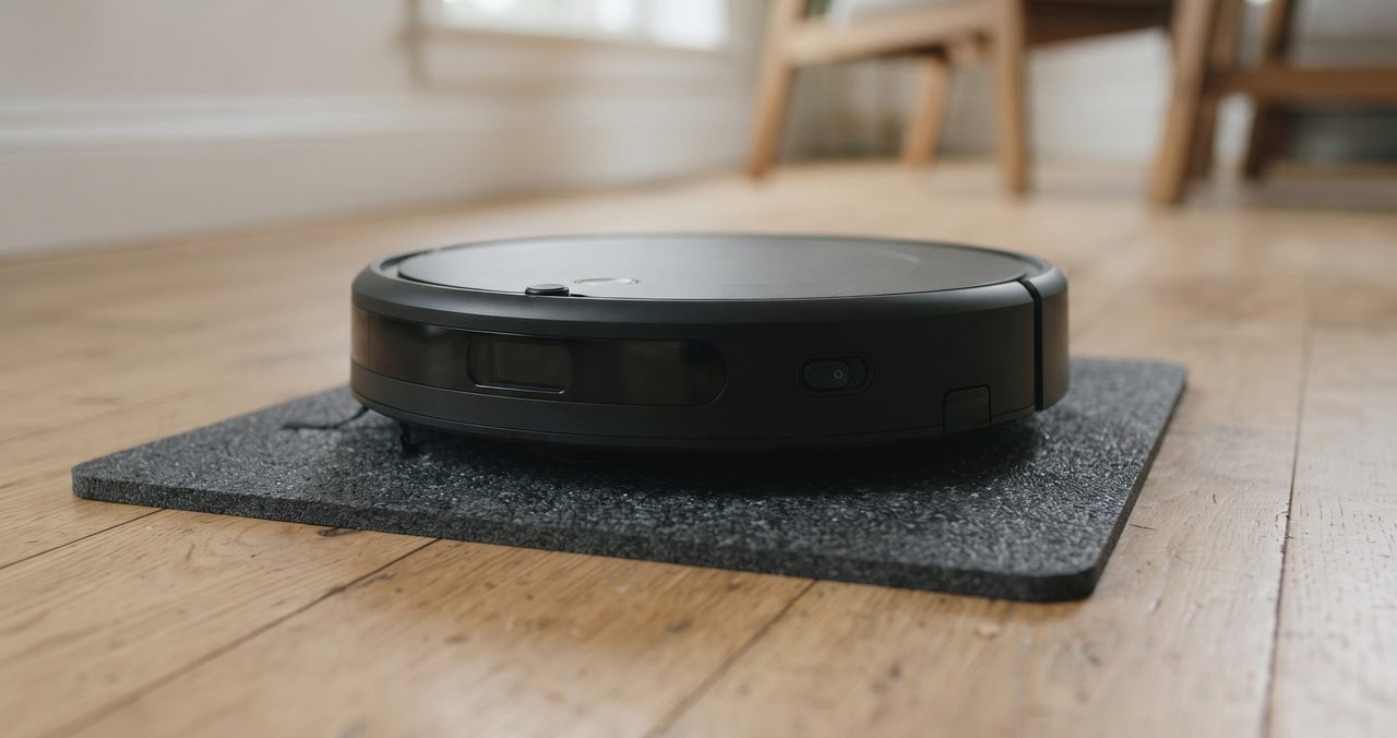 防振マットの上に置かれたノーブランドのロボット掃除機を床に近い視点で写したクローズアップ