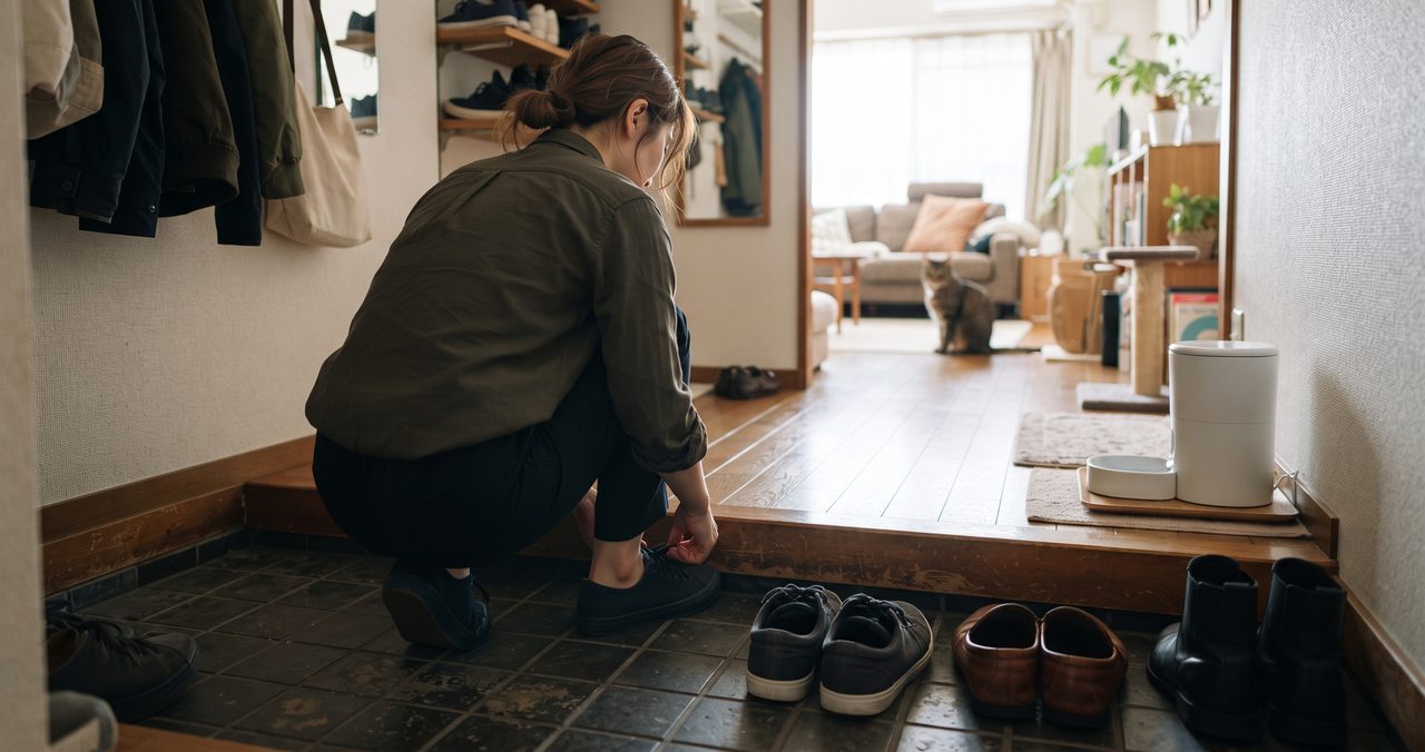 朝の出勤準備で慌ただしい一人暮らしの部屋、奥に無地の自動給水器が見える様子