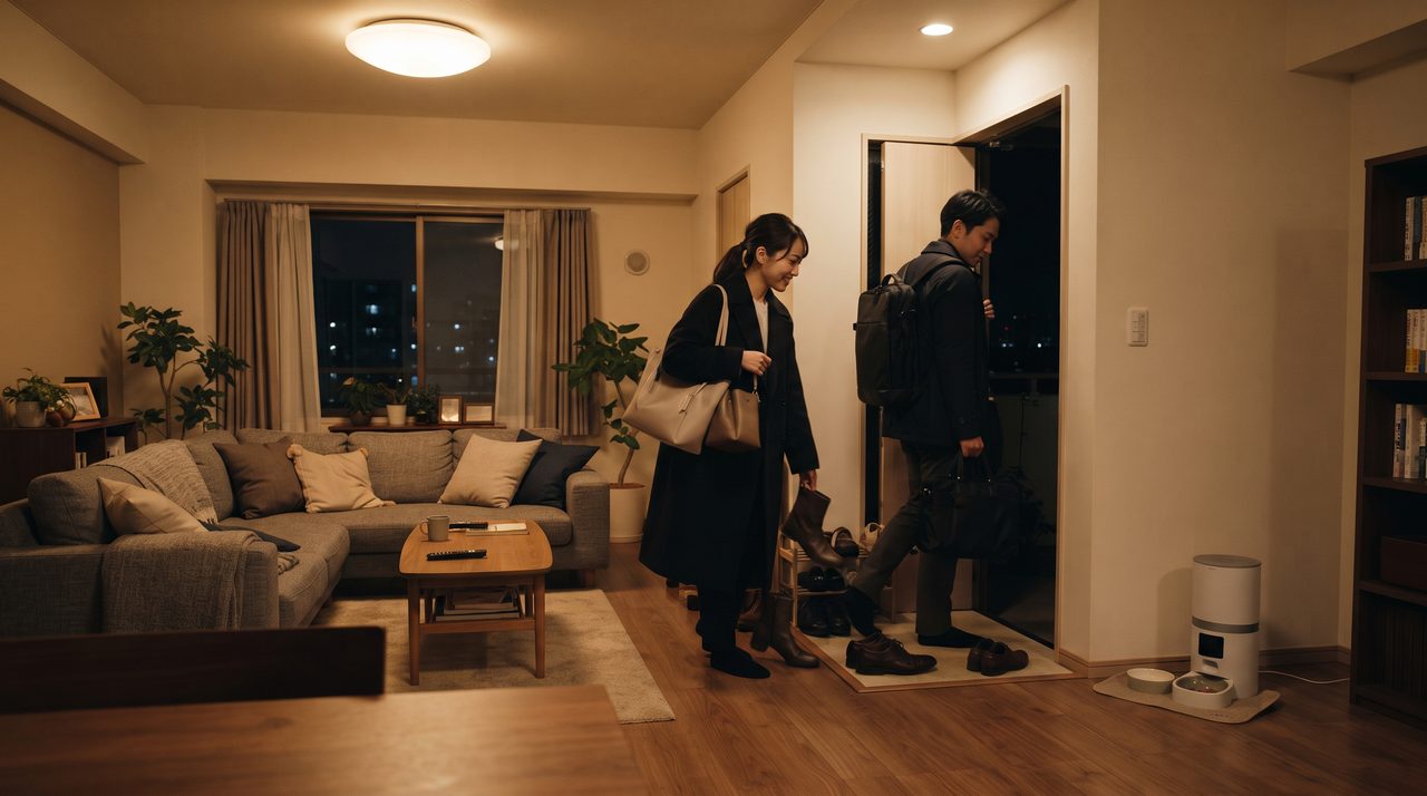 夜遅くに帰宅した共働き世帯のリビング、隅に無地の自動給餌器が見える様子