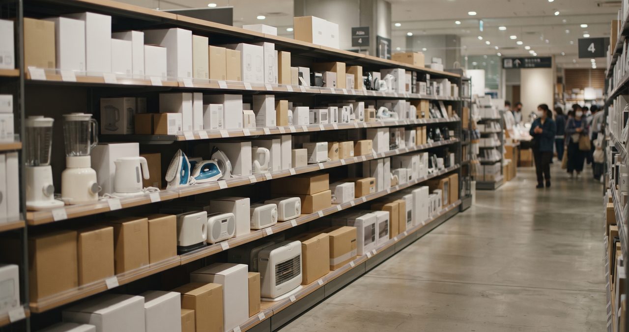 無地の家電が並ぶ家電量販店の売り場を引きで写した様子