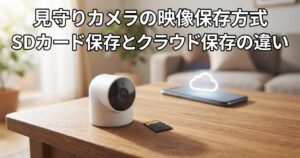 見守りカメラの映像保存方式、SDカード保存とクラウド保存の違いを紹介する記事のアイキャッチ画像