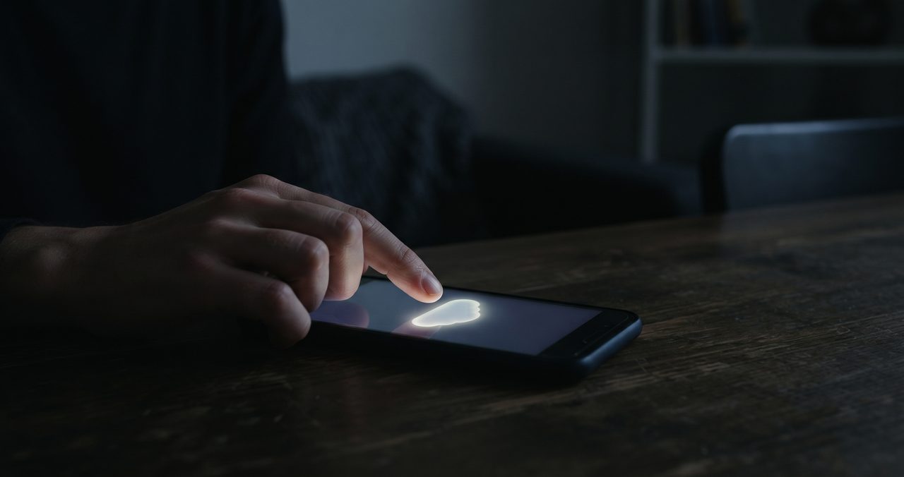 暗い部屋でスマートフォンの画面にクラウドのアイコンが光り、指先で操作している手元の様子