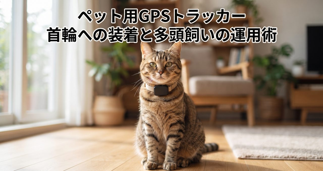 ペット用GPSトラッカーの首輪への装着と多頭飼いでの運用を紹介する記事のアイキャッチ画像