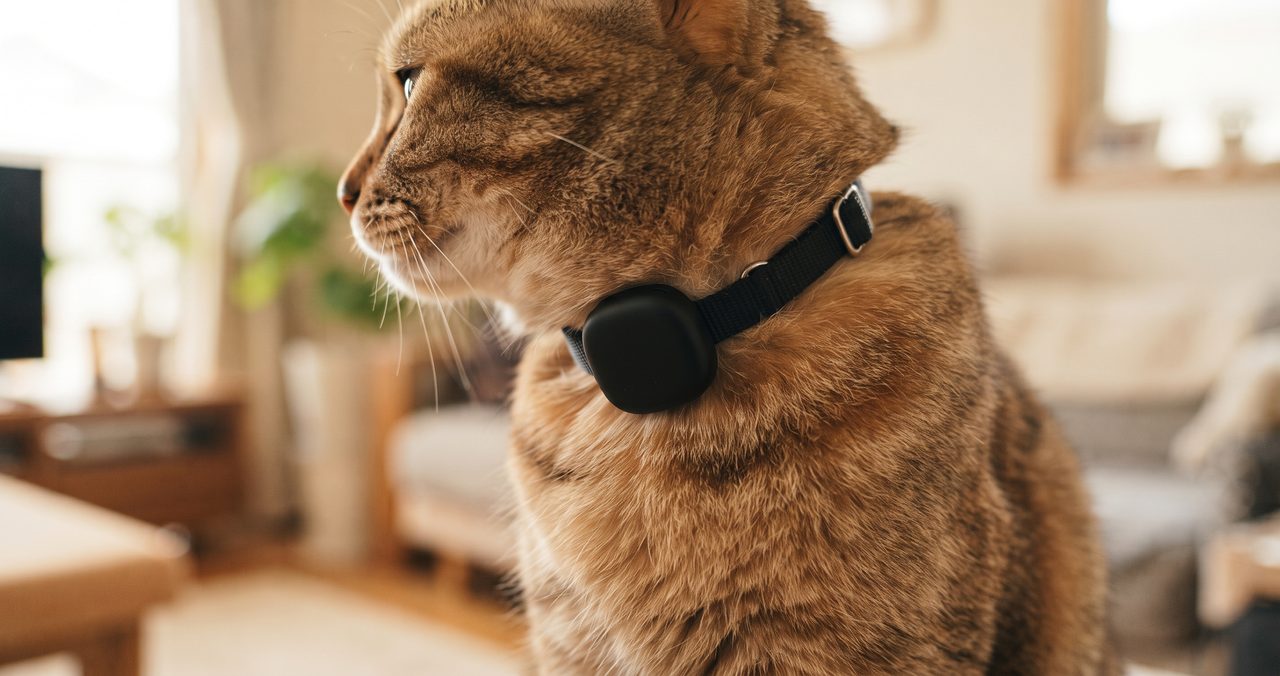 茶トラ猫の首元に小さなGPSトラッカー付き首輪が装着されている横顔のクローズアップ