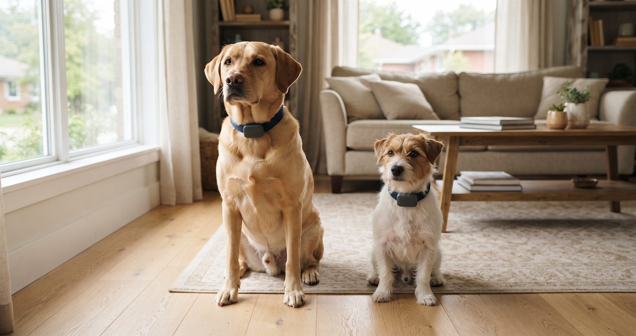 中型犬と小型犬がそれぞれGPSトラッカー付き首輪をつけてリビングに並んで座っている様子