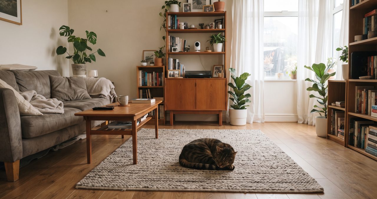 リビング全体が見渡せる室内で、猫がラグの上で丸くなってくつろいでいる様子