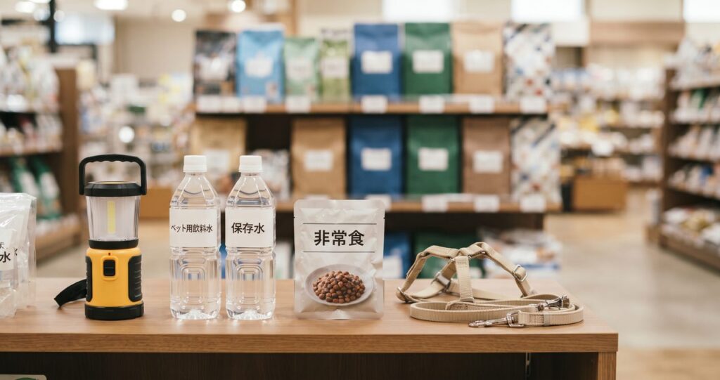 ペット防災備蓄グッズとして、懐中電灯・ペット用飲料水・保存水・非常食・ハーネスがペット用品店の棚に並んでいる様子