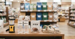 ペット防災備蓄グッズとして、懐中電灯・ペット用飲料水・保存水・非常食・ハーネスがペット用品店の棚に並んでいる様子